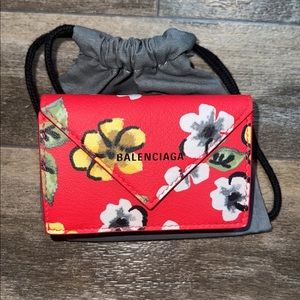 Balenciaga red floral mini papier wallet. BRAND NEW w/ original box & tags!